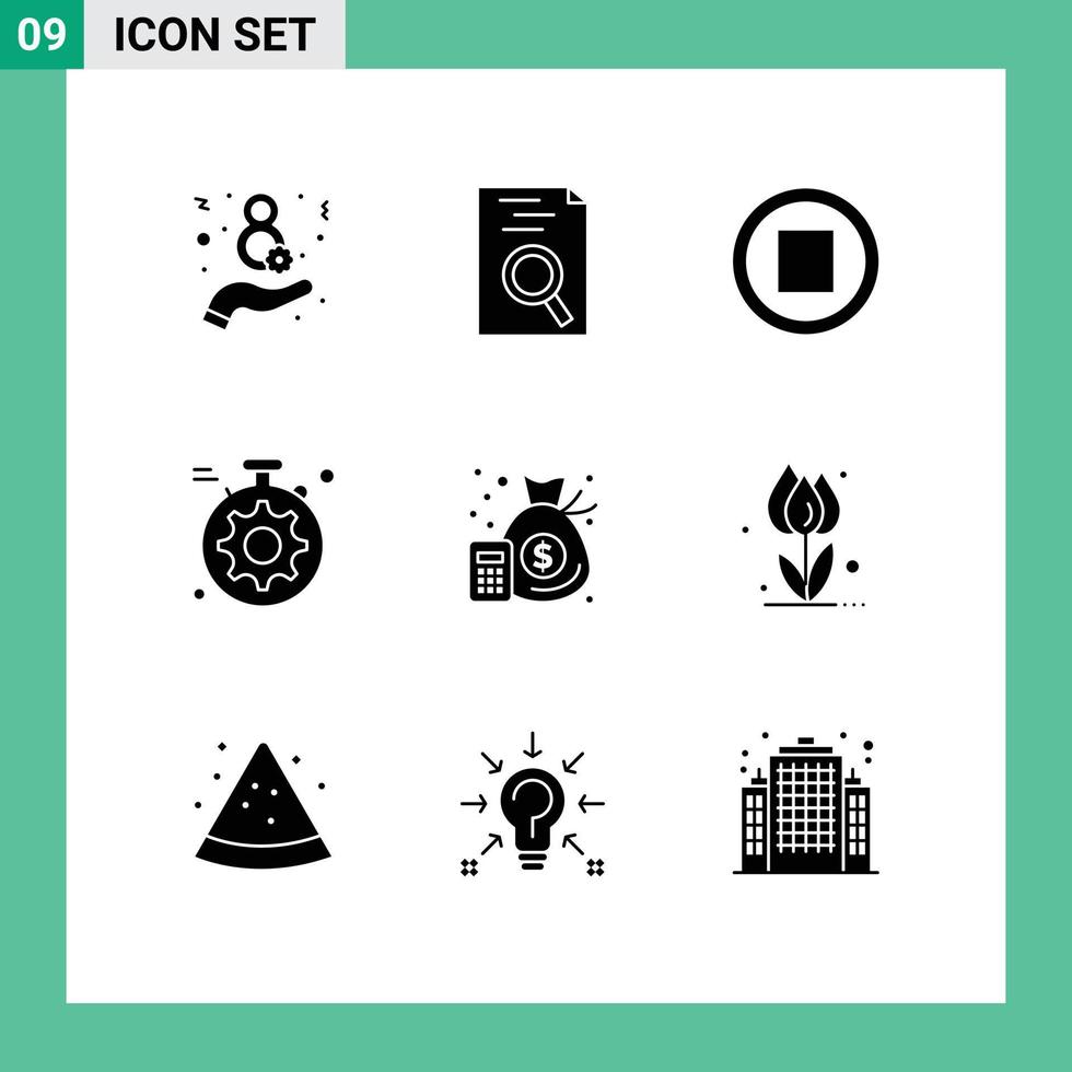 Group of 9 Modern Solid Glyphs Set for floral money stop management accounting Editable Vector Design Elements