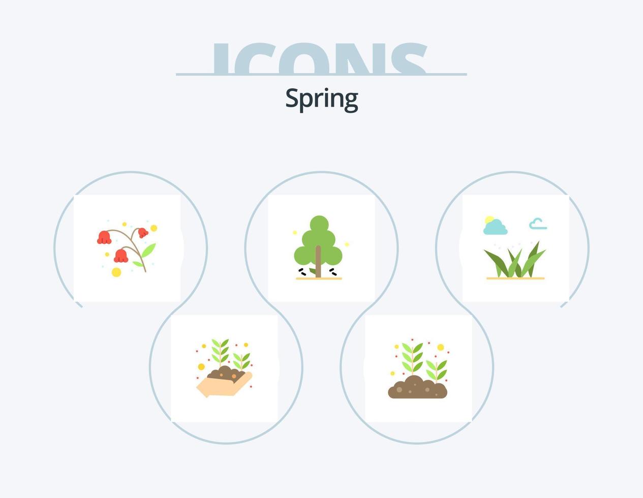 paquete de iconos planos de primavera 5 diseño de iconos. pastos árbol. semilla en crecimiento. primavera. naturaleza vector