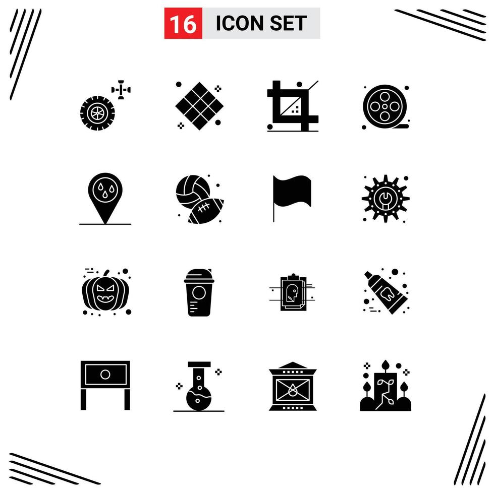 User Interface Pack of 16 Basic Solid Glyphs of raining reel coding movie reel programing Editable Vector Design Elements