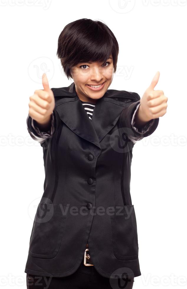 Happy Young Mixed Race Woman With Thumbs Up on White photo