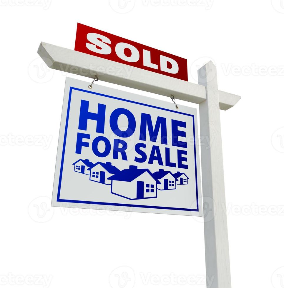 Blue and Red Sold Home for Sale Real Estate Sign on White photo