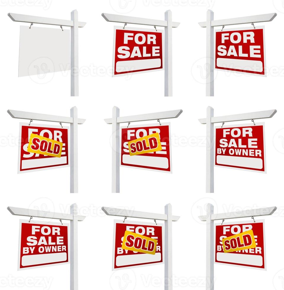 Complete Set of Real Estate Signs with For Sale, Sold, For Sale By Owner and Blank Isolated on White. photo