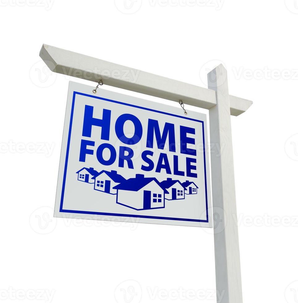 casa azul y blanca en venta signo de bienes raíces en blanco foto