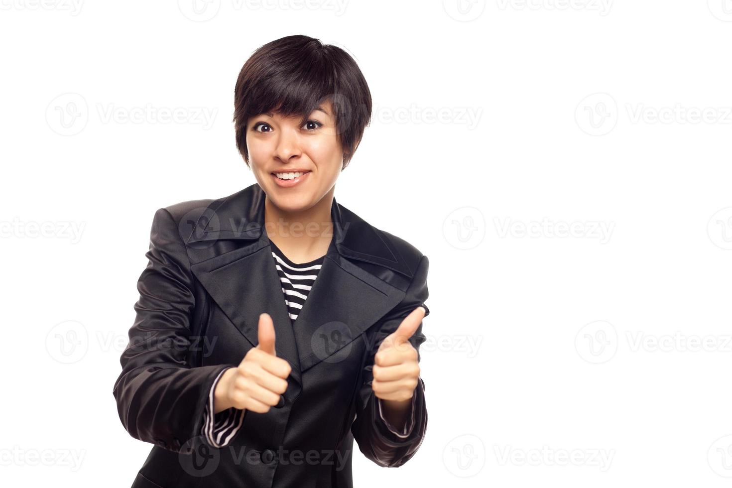 Happy Young Mixed Race Woman With Thumbs Up on White photo