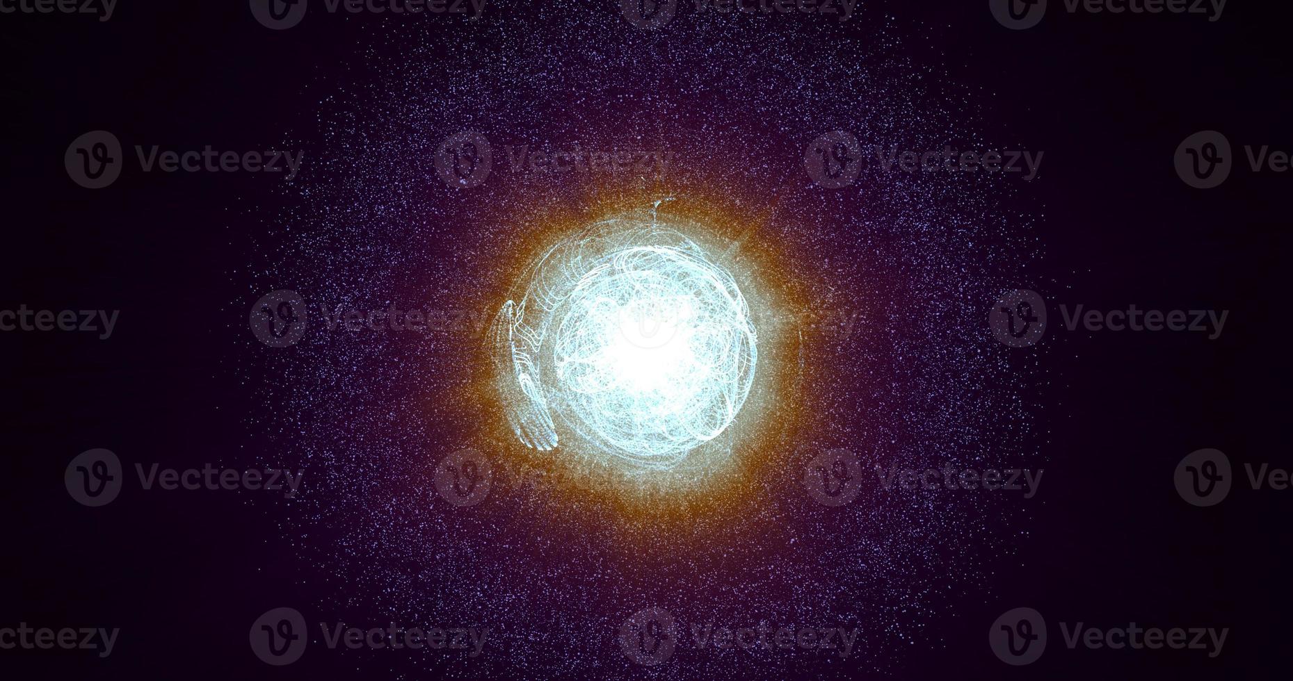 Bright glowing shiny star energy sphere ball with an explosion of energy in the core on a black background hi-tech space. Abstract background photo