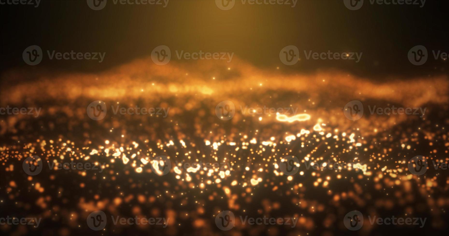 Abstract yellow orange gold glowing energy waves from particles and dots magical with blur effect on dark background. Abstract background photo