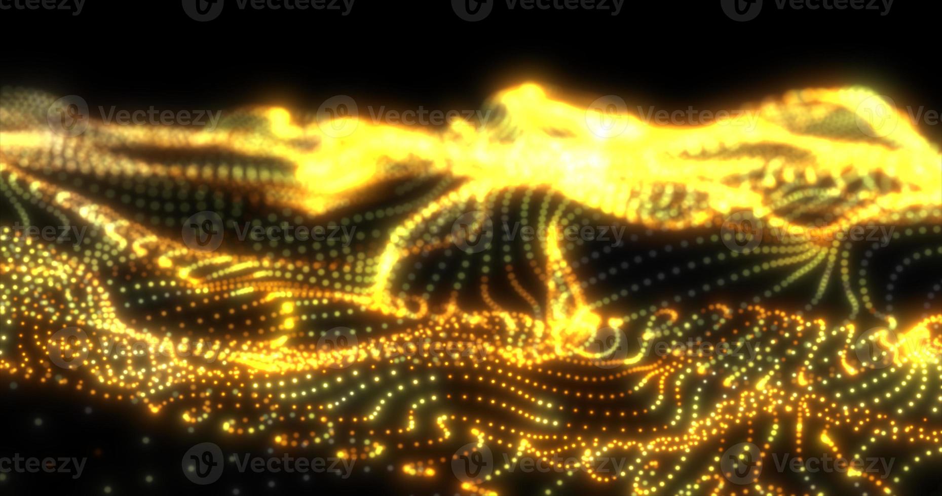 Abstract yellow futuristic waves from a grid of particles lines glowing bright shiny neon digital magical energy on a dark background. Abstract background photo