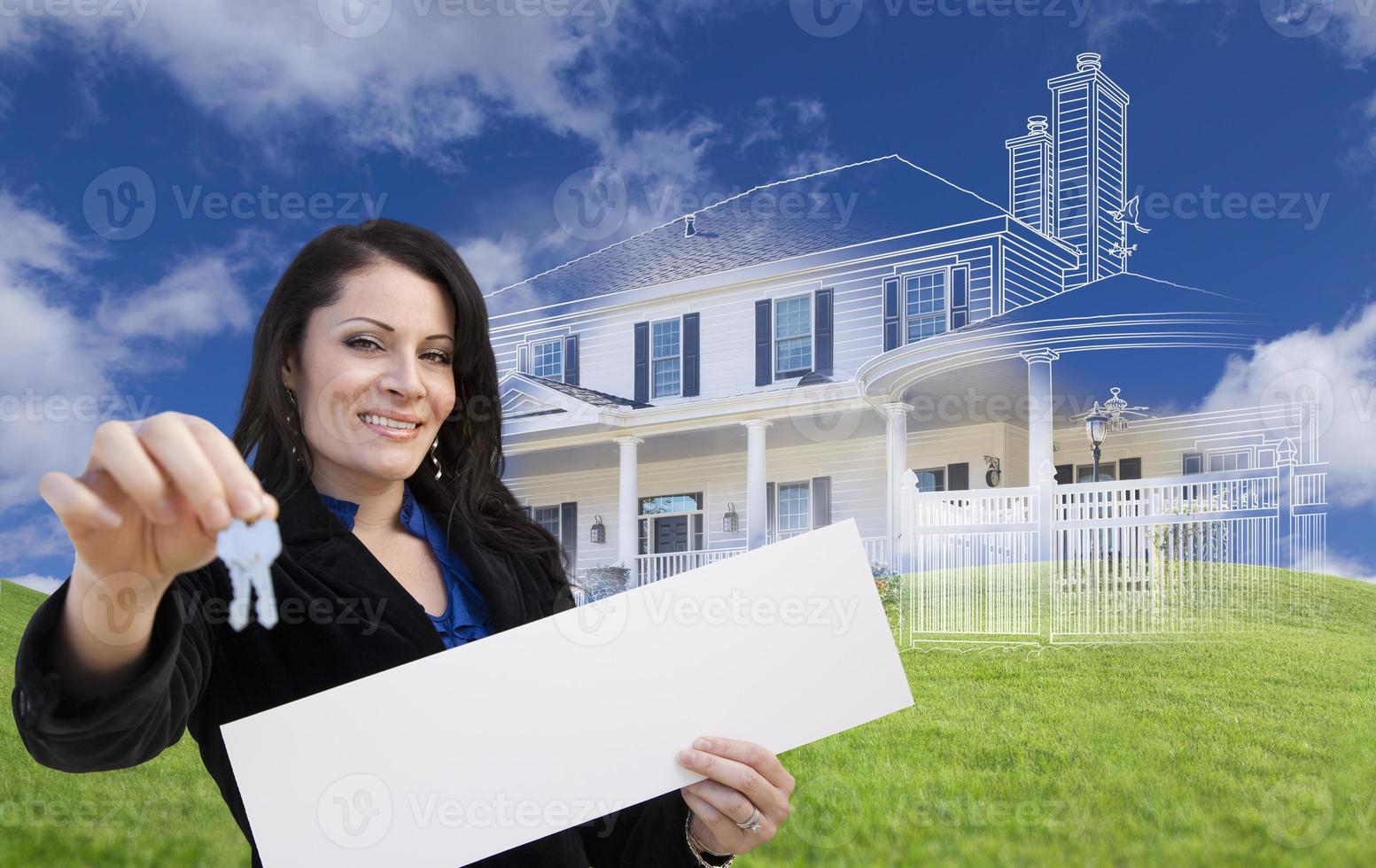 Woman Holding Keys, Blank Sign with Ghosted House Drawing Behind photo