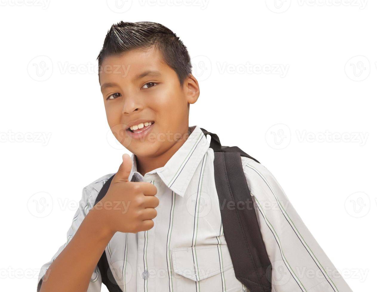 feliz joven escolar hispano con los pulgares hacia arriba en blanco foto