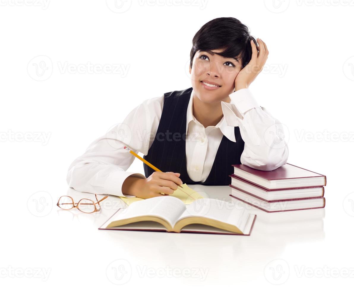 Daydreaming Mixed Race Female Student with Books Isolated photo