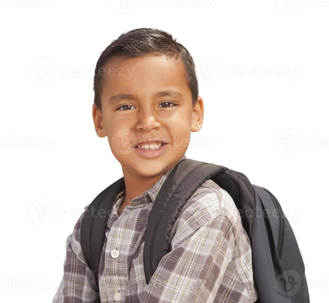 feliz joven hispano listo para la escuela en blanco foto