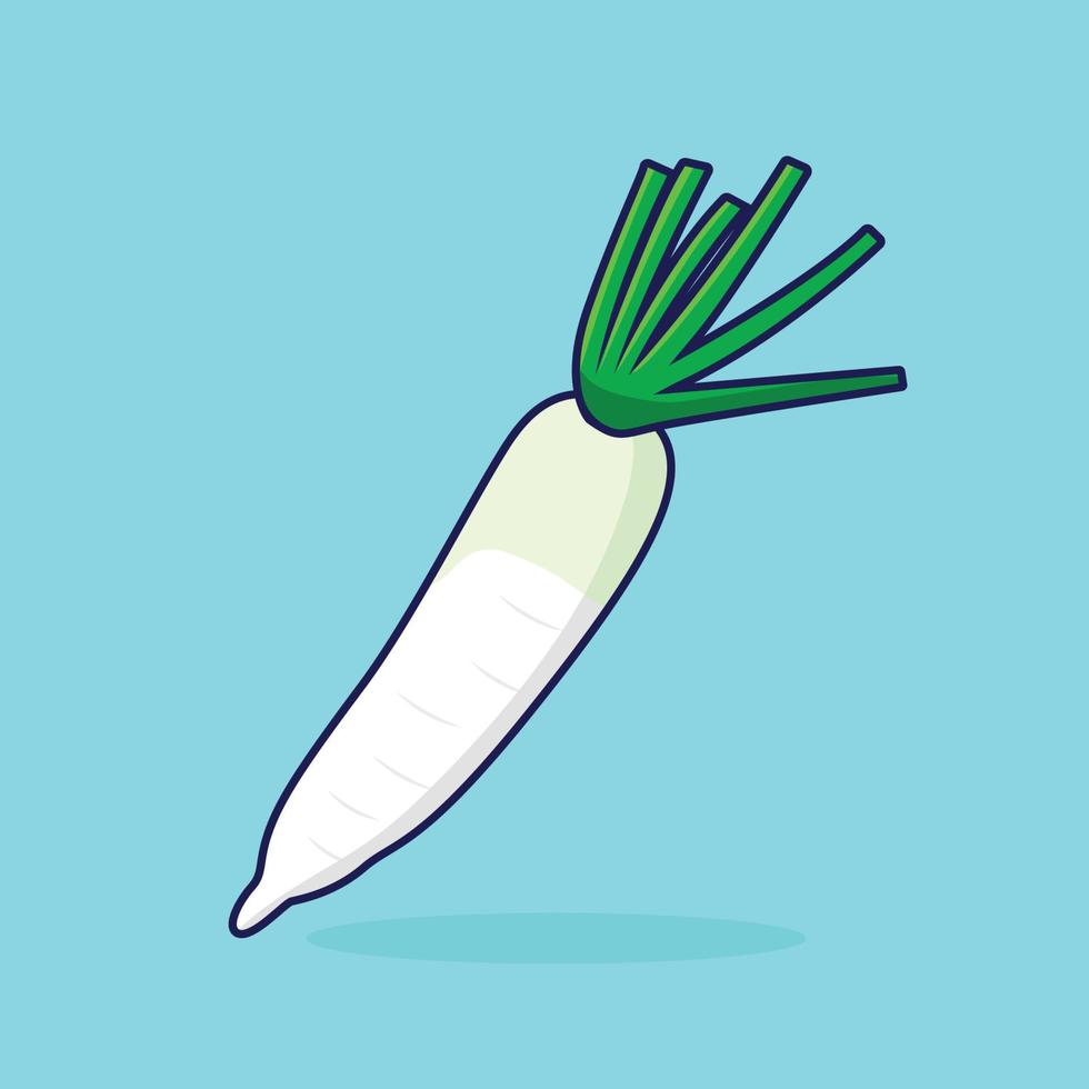 Cute Radish Stock Art Vector Illustration. Winter Vegetable Character Isolated on Light Blue Background.  Use for Fabric Print, Menu, Greeting Card, Food Hall Decoration.