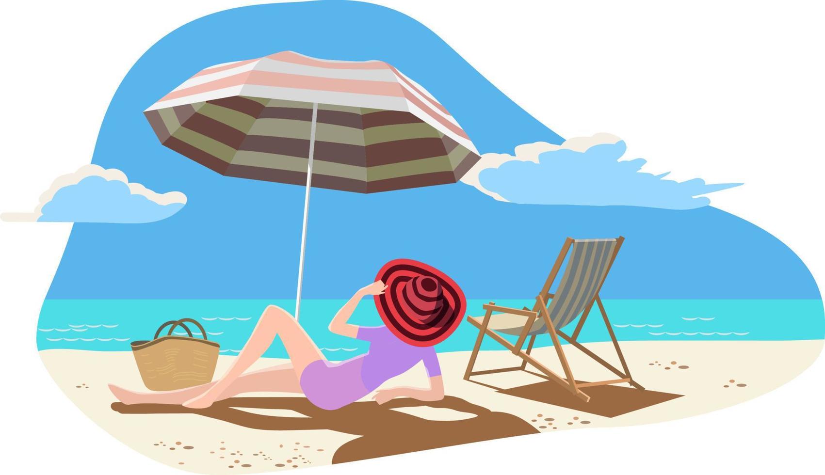 Girl in a pink swimsuit on the beach under an umbrella. Vector. vector