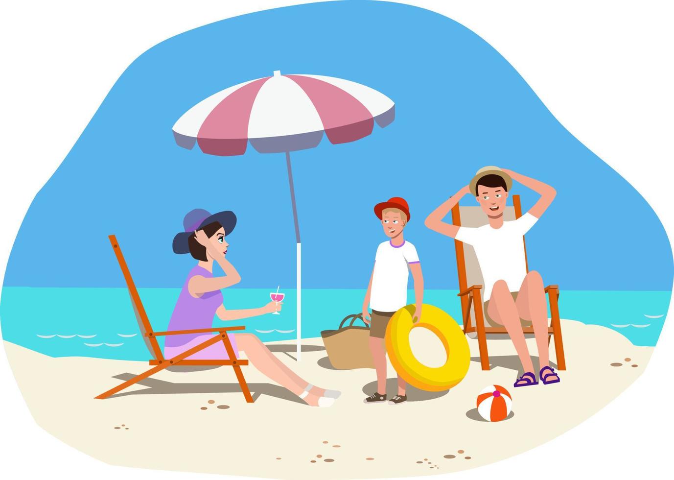 familia en la playa bajo una sombrilla contra el fondo del mar. vector. vector