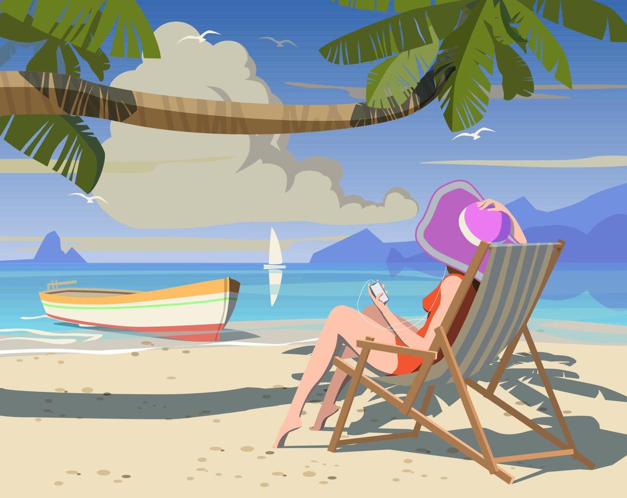 A girl in a hat and a sun lounger on the beach under a palm tree. Vector. vector