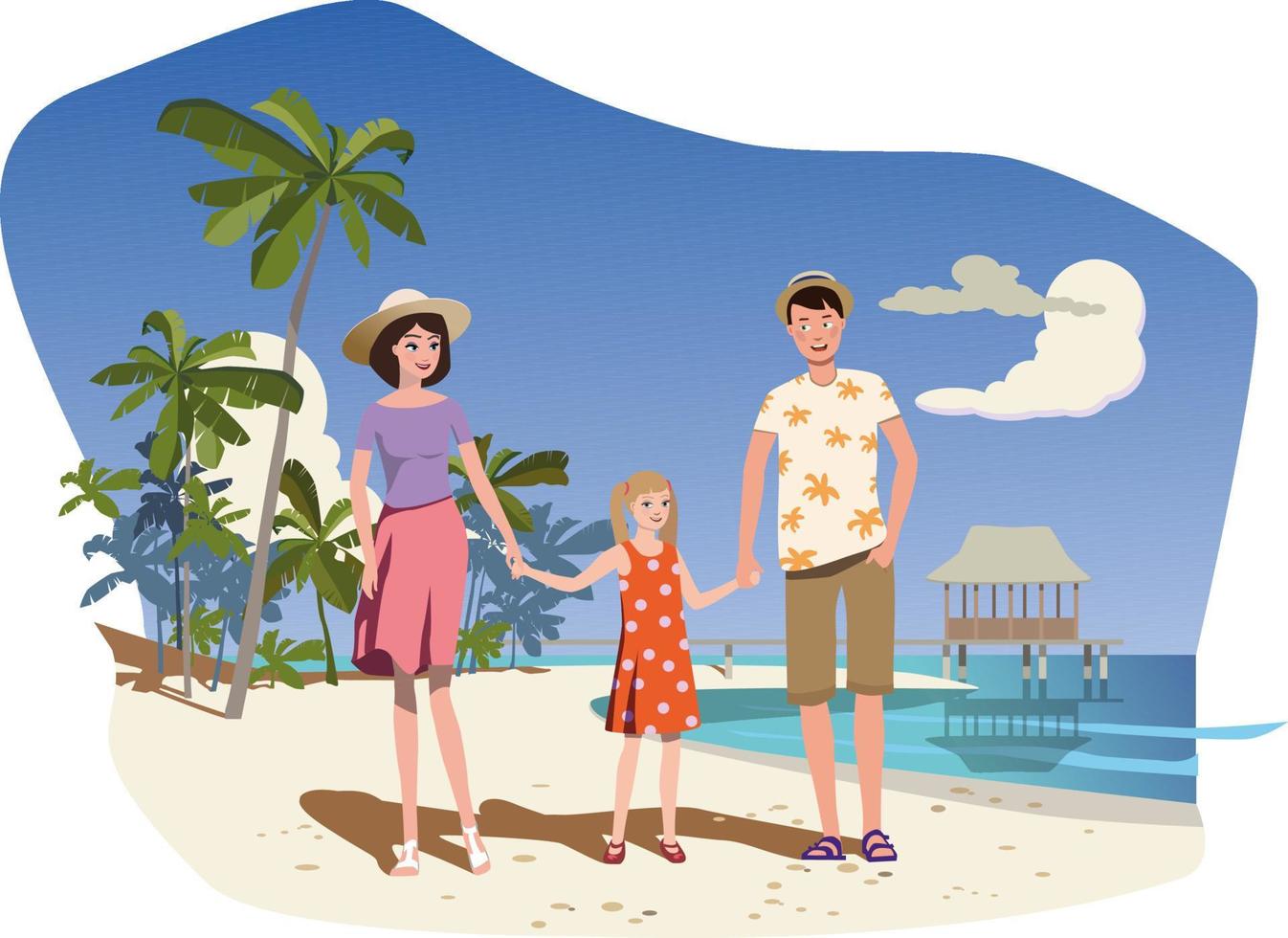 Family on the island on vacation against the backdrop of the beach with palm trees. Vector. vector