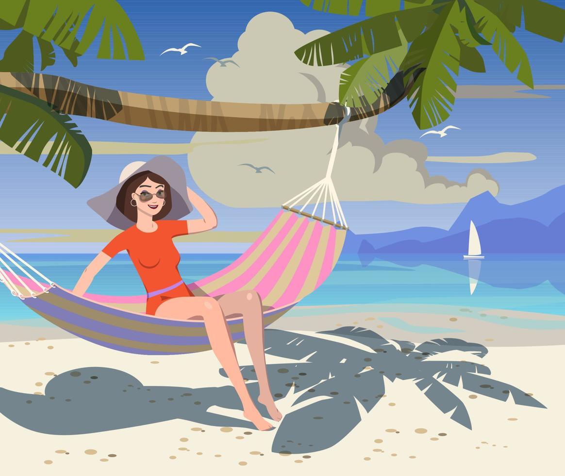 Girl in a homak on the beach under a palm tree. Vector. vector