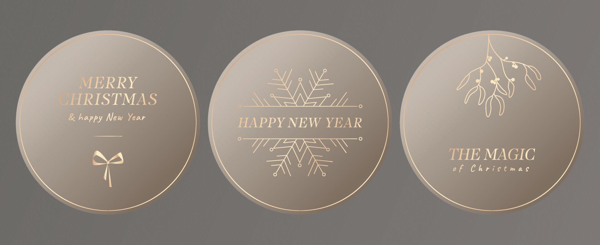 Templates for Christmas stickers and social networks in gold tones. Golden text Happy New Year for your greeting card. vector