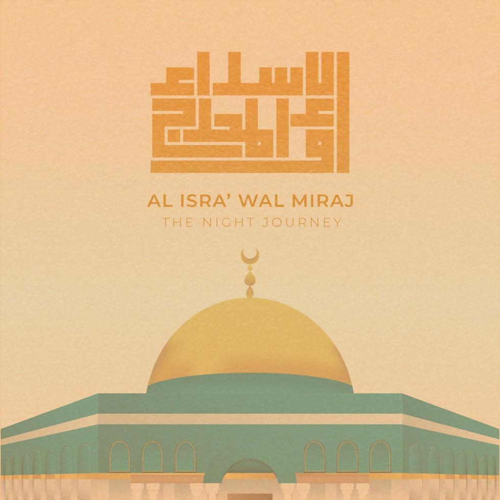 Al isra wal miraj kufic calligraphy with mosque in minimal design vector