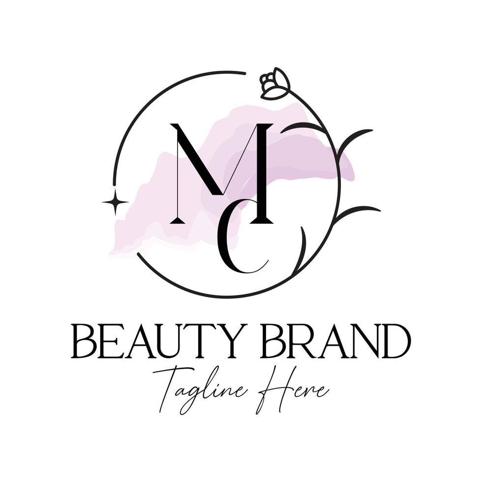 M C initial alphabet letter emblem logo logo design template with botanical flower and star with watercolor background vector