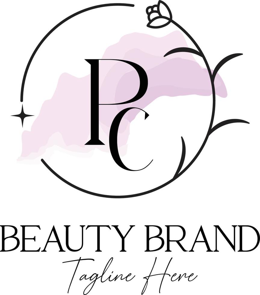 P C initial alphabet letter emblem logo logo design template with botanical flower and star with watercolor background vector