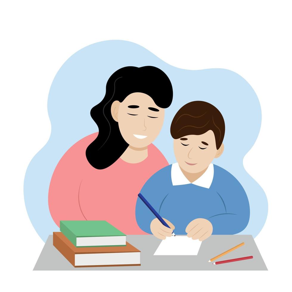 Mom helps son with lessons, portrait of a girl and a boy sitting at the table, flat vector, isolate on white vector