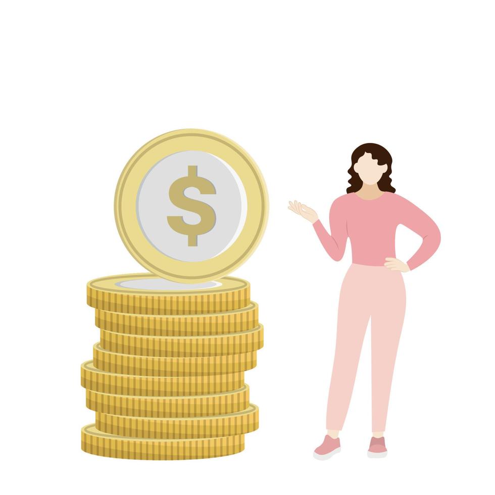 chica de longitud completa parada cerca de una pila de grandes monedas amarillas, vector plano, aislada en blanco, finanzas, ilustración sin rostro