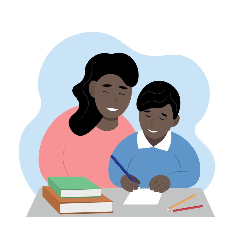 Mom helps her son with lessons, a black family, a flat vector, isolated on white vector