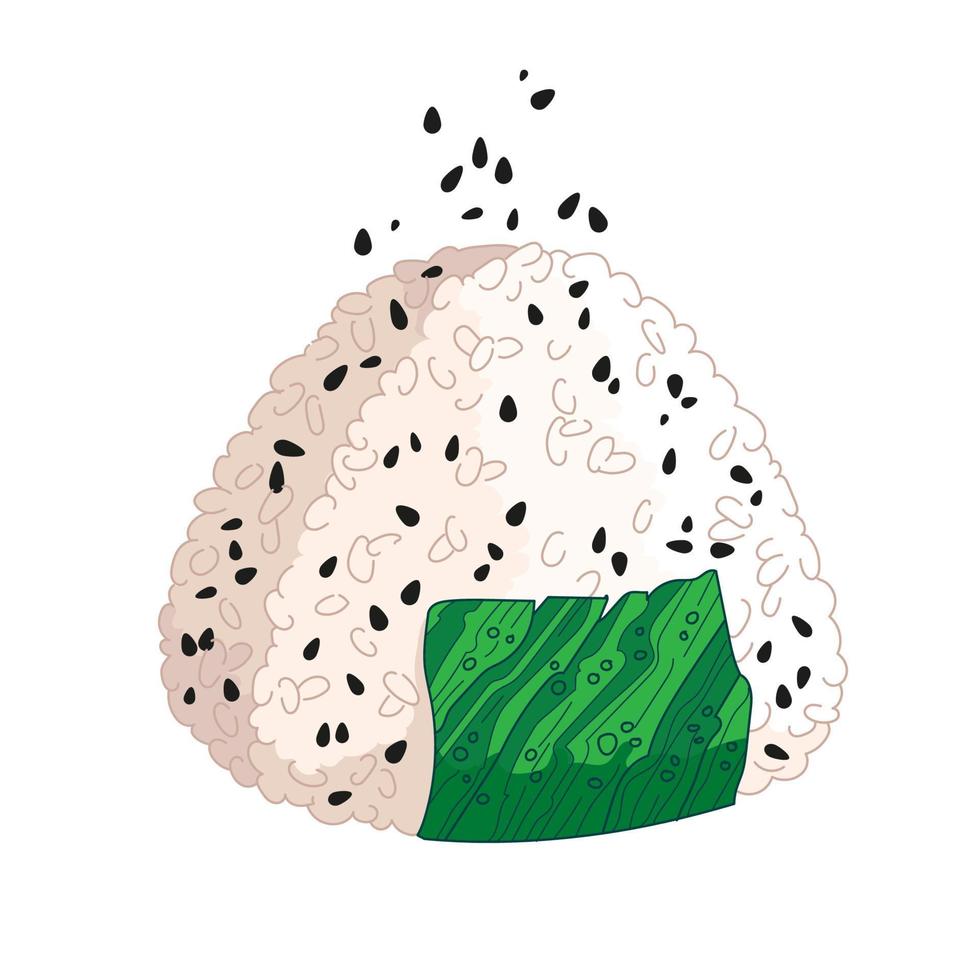 Vector illustration of Onigiri. Japanese fast food made of rice with stuffing, molded in the form of a triangle in nori seaweed.