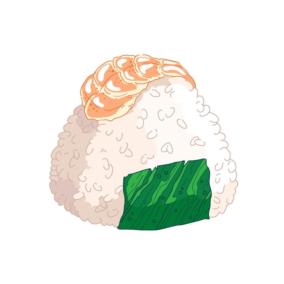 Vector illustration of Onigiri. Japanese fast food made of rice with stuffing, molded in the form of a triangle in nori seaweed.