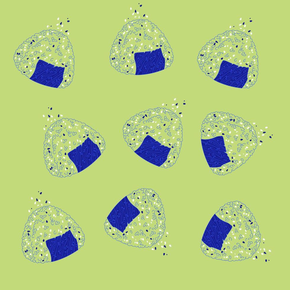 Vector illustration of Onigiri. Japanese fast food made of rice with stuffing, molded in the form of a triangle in nori seaweed.