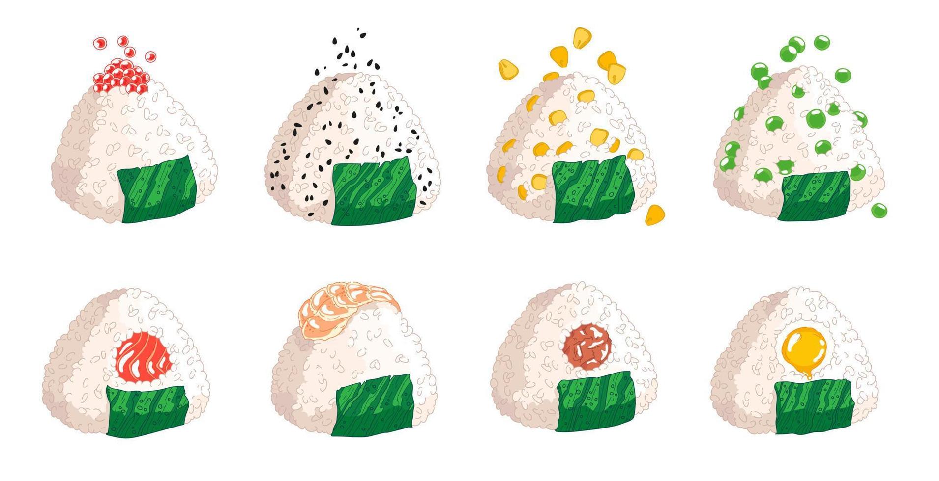 Vector illustration of Onigiri. Japanese fast food made of rice with stuffing, molded in the form of a triangle in nori seaweed.