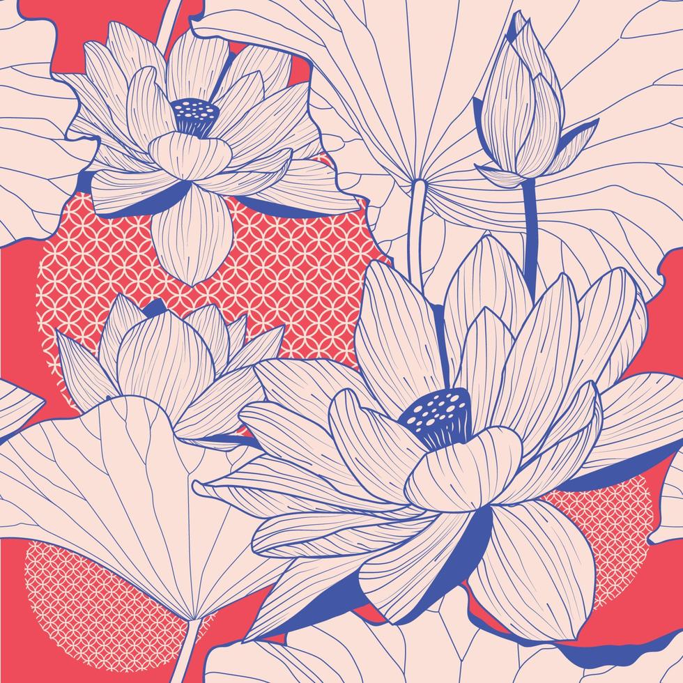 Seamless pattern with natural ornament. Asian lotus flower on a golden background vector