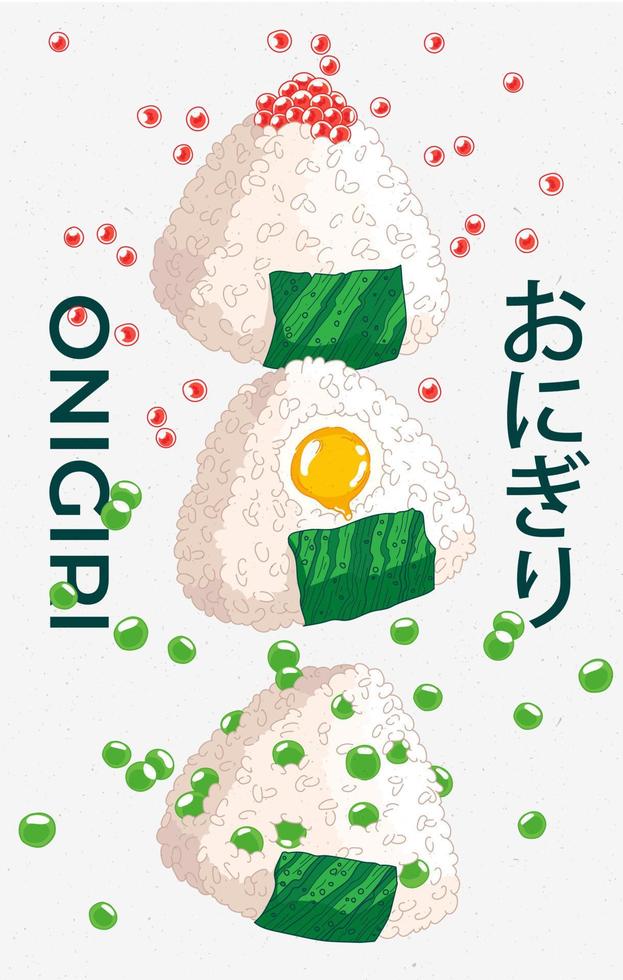 Vector illustration of Onigiri. Japanese fast food made of rice with stuffing, molded in the form of a triangle in nori seaweed.