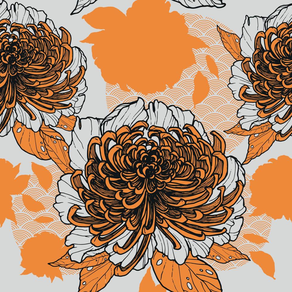 Vector seamless pattern of peony flowers and Asian ornament