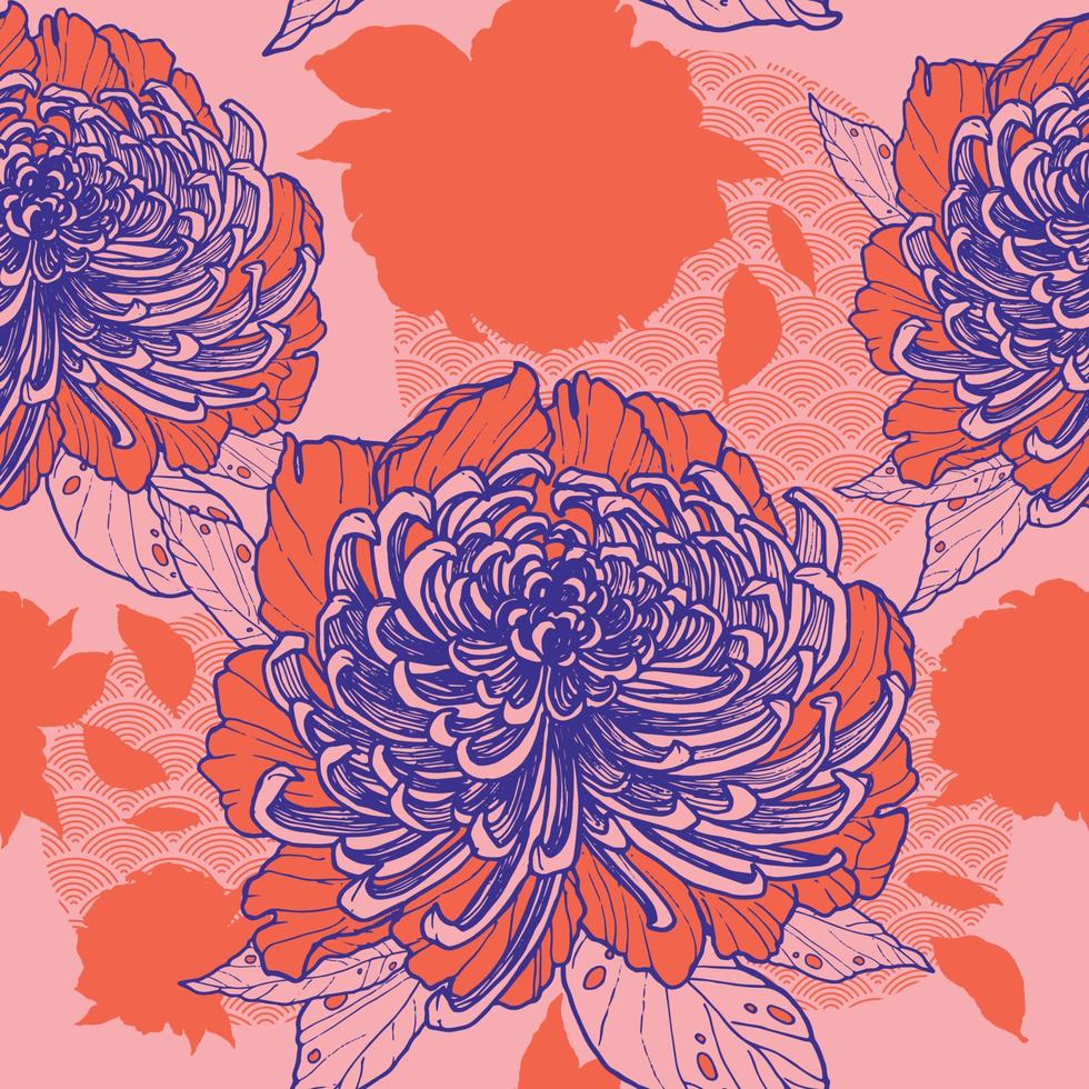 Vector seamless pattern of peony flowers and Asian ornament