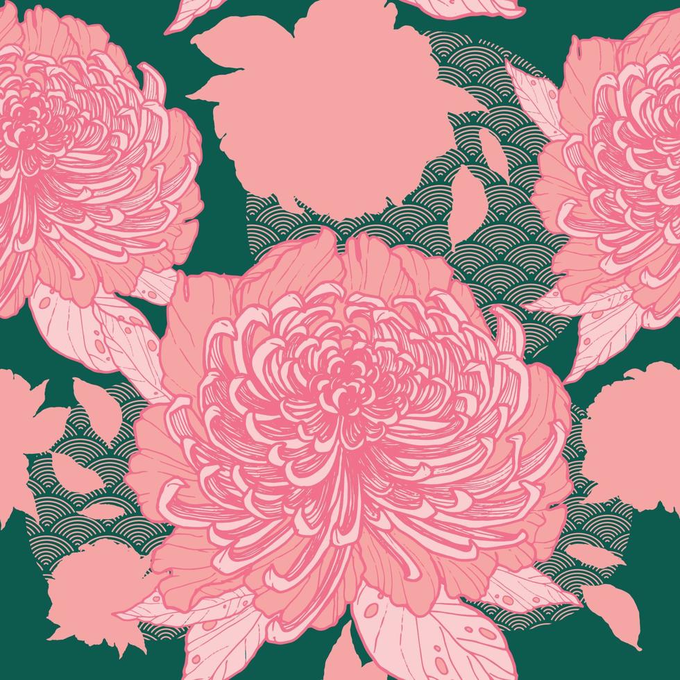Vector seamless pattern of peony flowers and Asian ornament