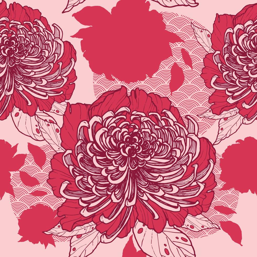 Vector seamless pattern of peony flowers and Asian ornament