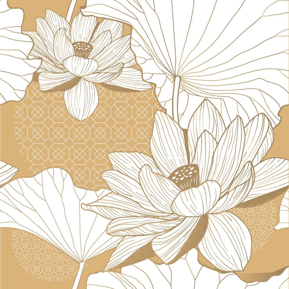 patrón sin costuras con adorno natural. flor de loto asiática sobre un fondo dorado vector