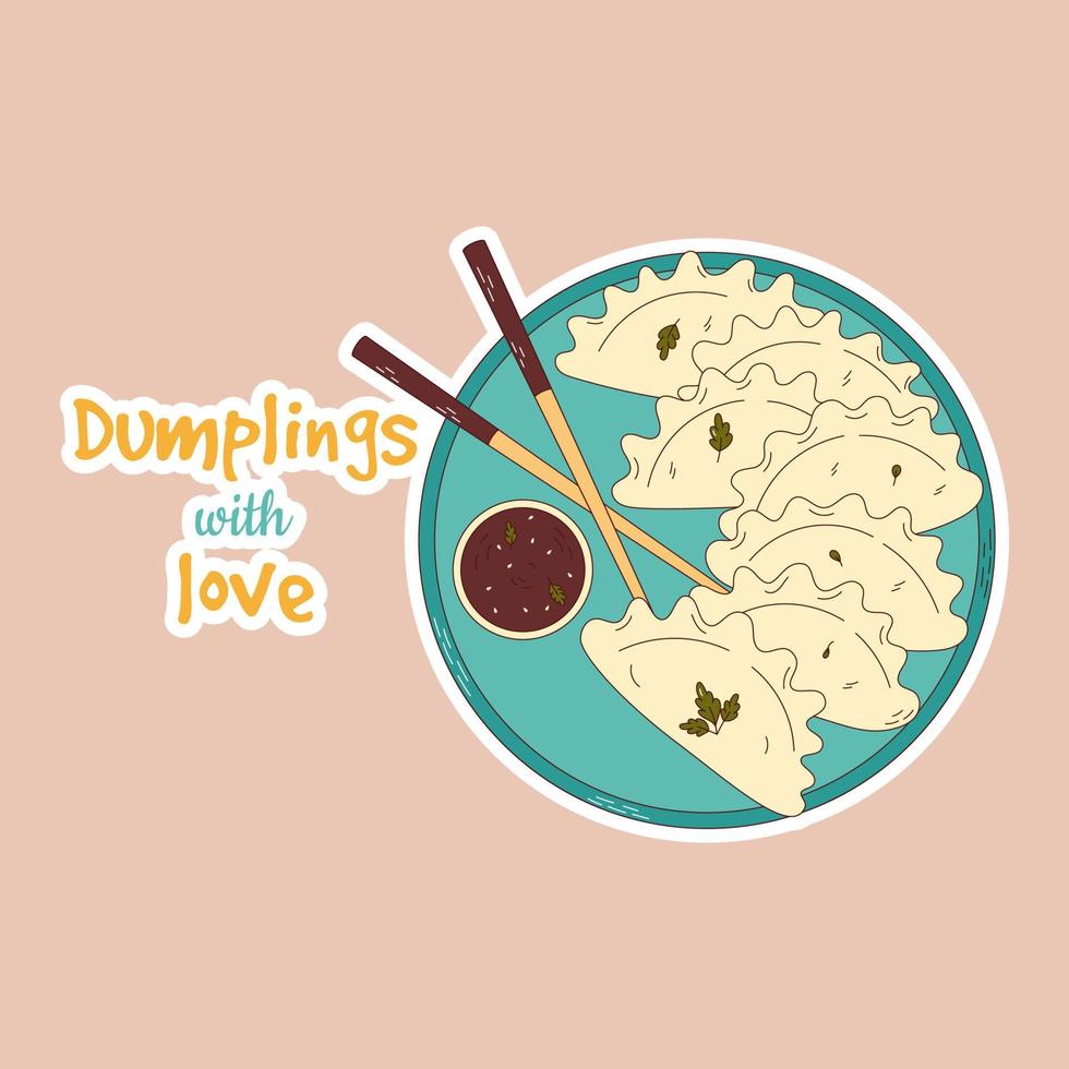 Traditional Japanese food. Asian dumplings stickers. Vector illistration
