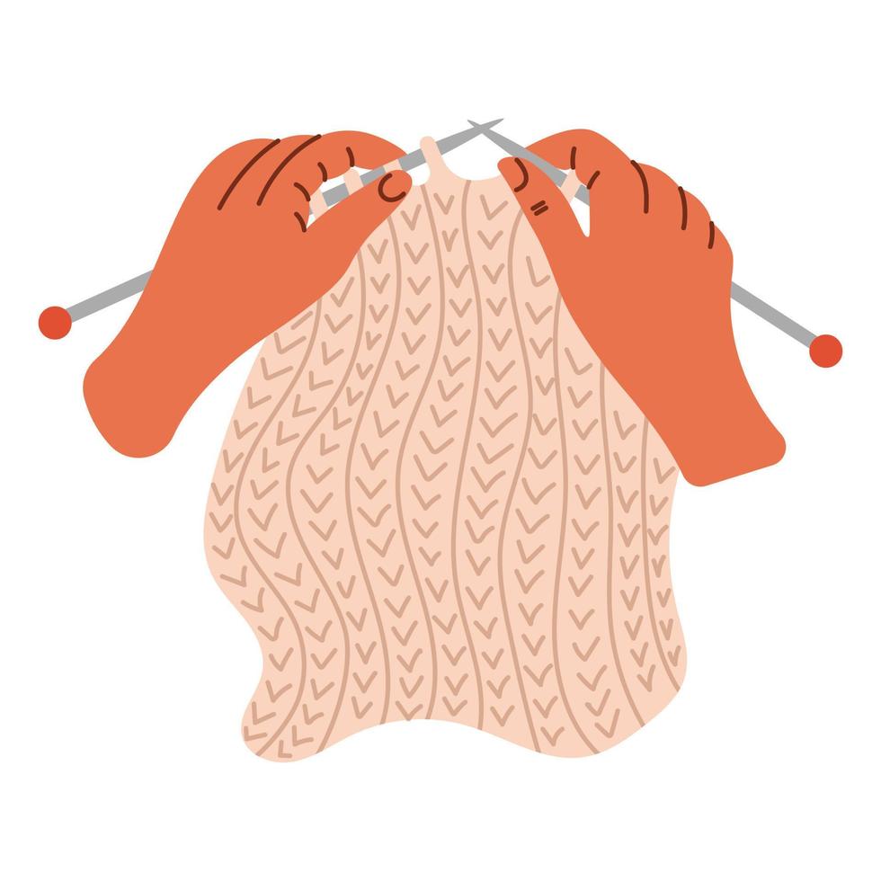 Woman hands are knitting with knitting needles. Knitting process. Wool yarns, hook, knitting needles. Hobby time, handmade things vector