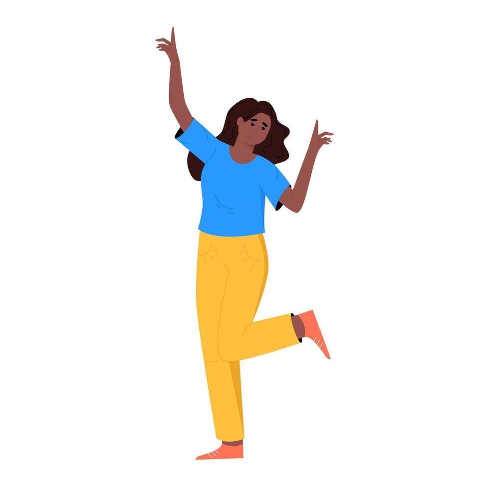 Cute dancing woman with raised hands. International Women's Day concept for card, poster, banner and other. Flat vector illustration