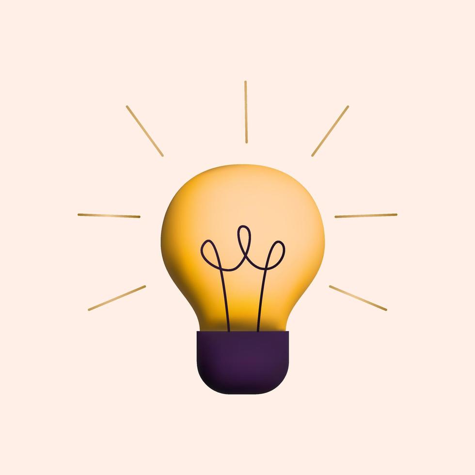 3d light bulb with rays shine. Energy, creative thinking and idea symbol. Vector render illustration