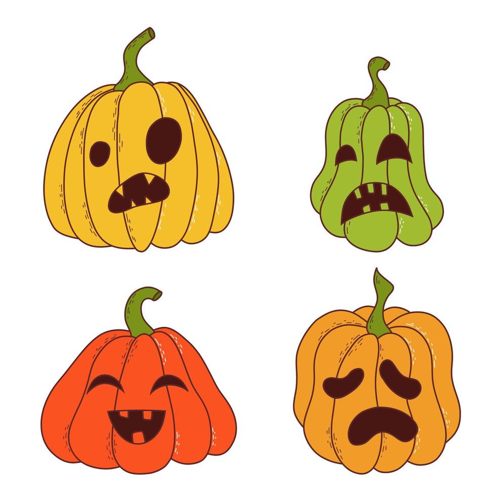 Set of pumpkin of various shapes and colors with funny faces. Halloween elements. Vector illustration in hand drawn style