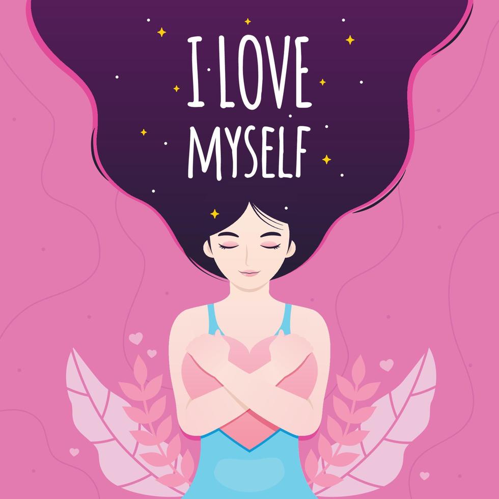 i love myself with women hugging heart illustration vector