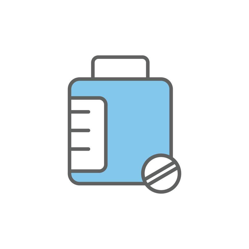 Medicine bottle icon illustration with pill. suitable for supplement icon. Two tone icon style. icon related to fitness. Simple vector design editable