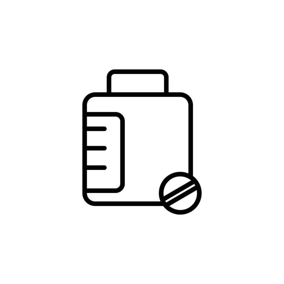 Medicine bottle icon illustration with pill. suitable for supplement icon. Line icon style. icon related to fitness. Simple vector design editable