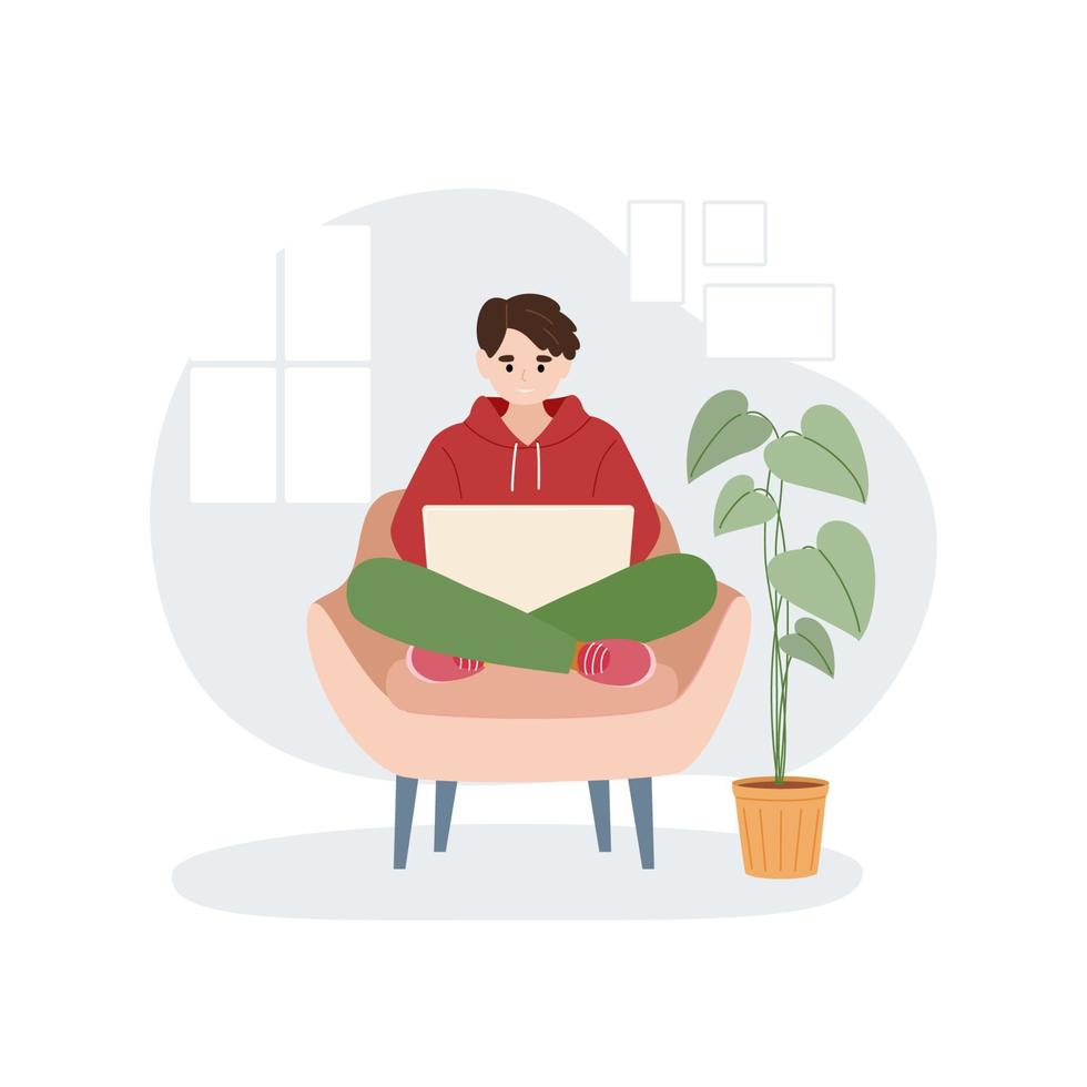 Man wearing warm winter clothes working at the laptop at home. Work from home, freelance. Vector illustration.