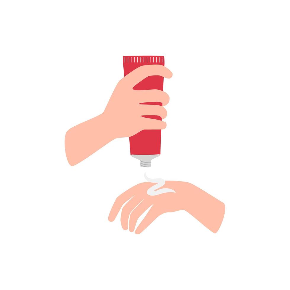 Woman hands apply cream from tube. Skincare. Poster for spa nail studio, posters, cards. vector
