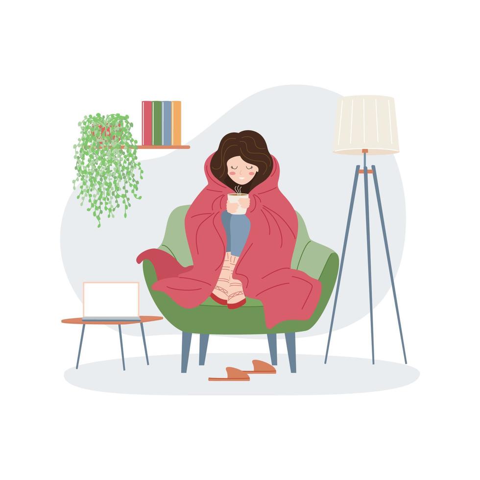 Girl in warm clothes drinks a hot drink and warms herself under a blanket. Cold temperature in the apartment. Saving energy resources. Crisis and economy concept. Vector illustration.